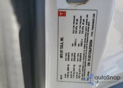 2018 Tesla Model 3 from USA, damaged, VIN 5YJ3E1EA6JF032654